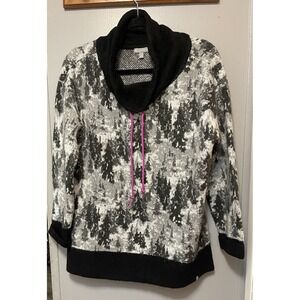 Talbots Funnel Neck Sweater Size Large Snowy Trees Pink Drawstring Pullover